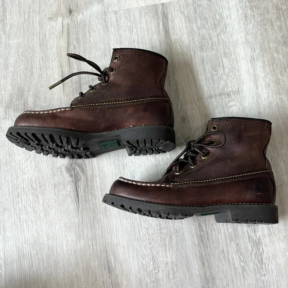 Frye Dakota Mid‎ Lace Up Tie Leather Boots Brown Boys Unisex Youth 13.5